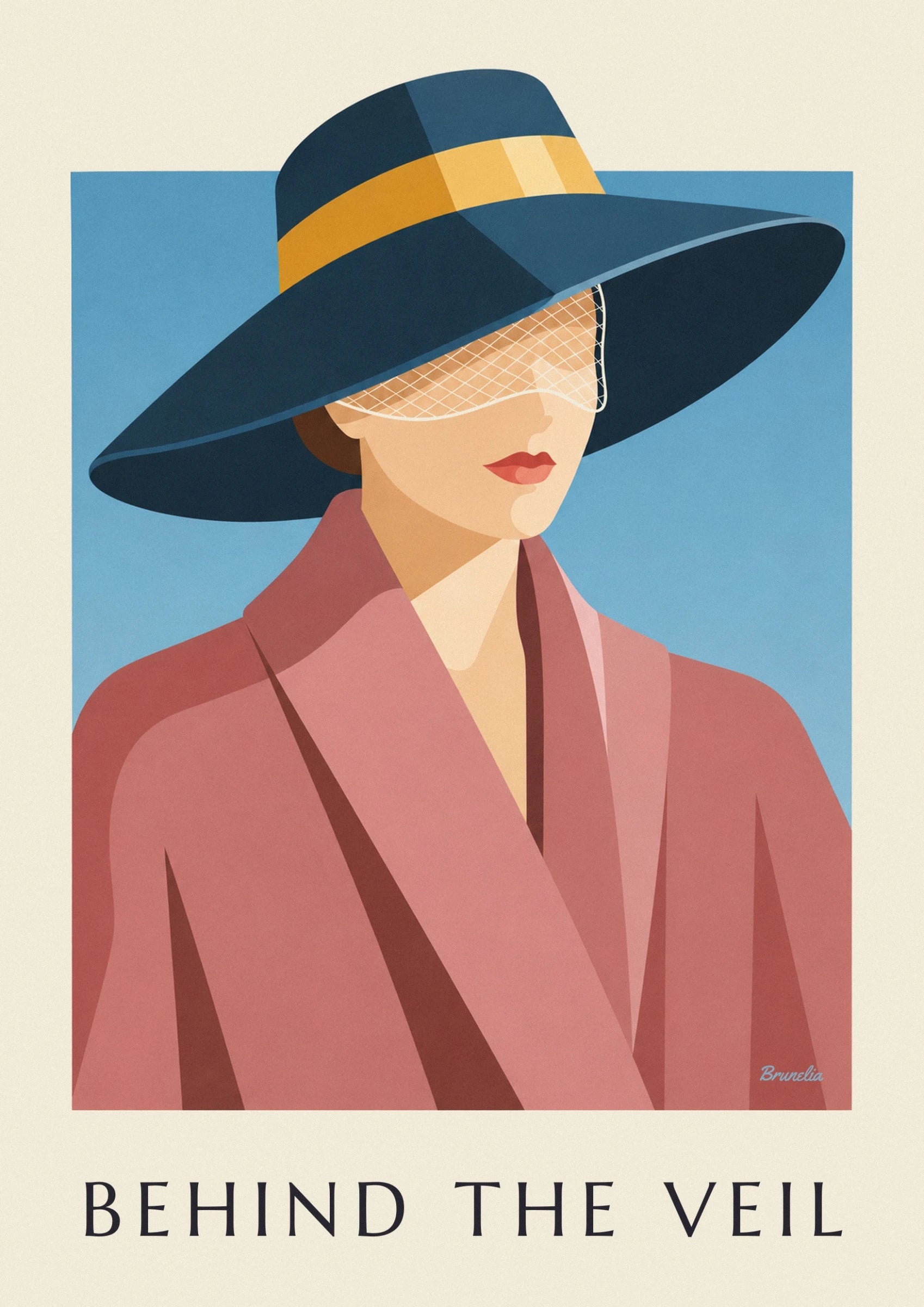 A woman with red lips beneath a blue hat with a white veil