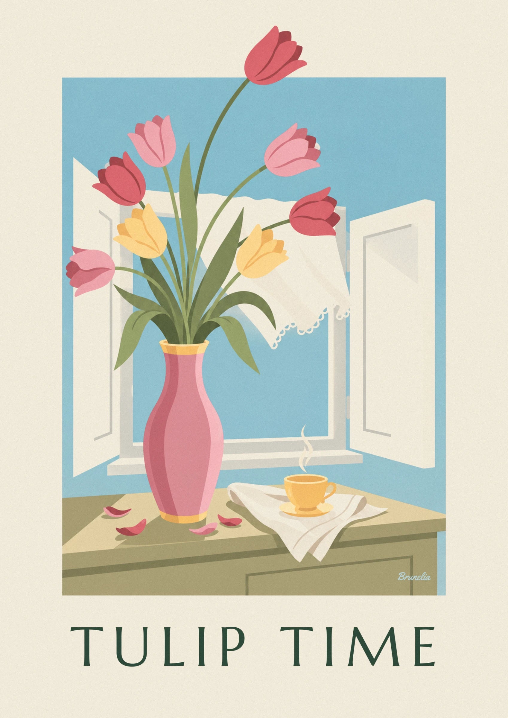 The pink, red and yellow tulips in their pink vase, in front of the open window