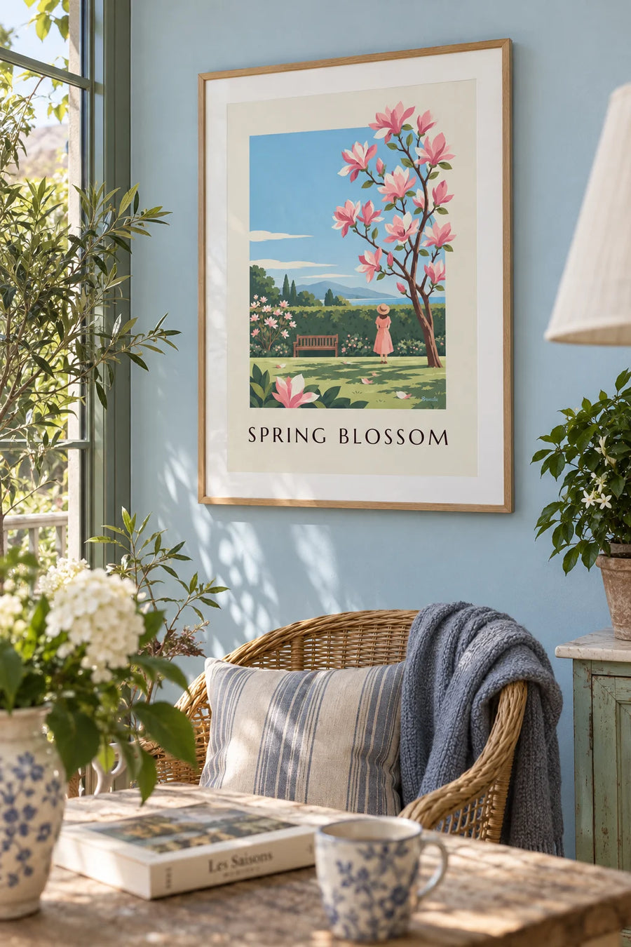 Affiche branche de magnolia aux fleurs roses au printemps : encadrée au mur