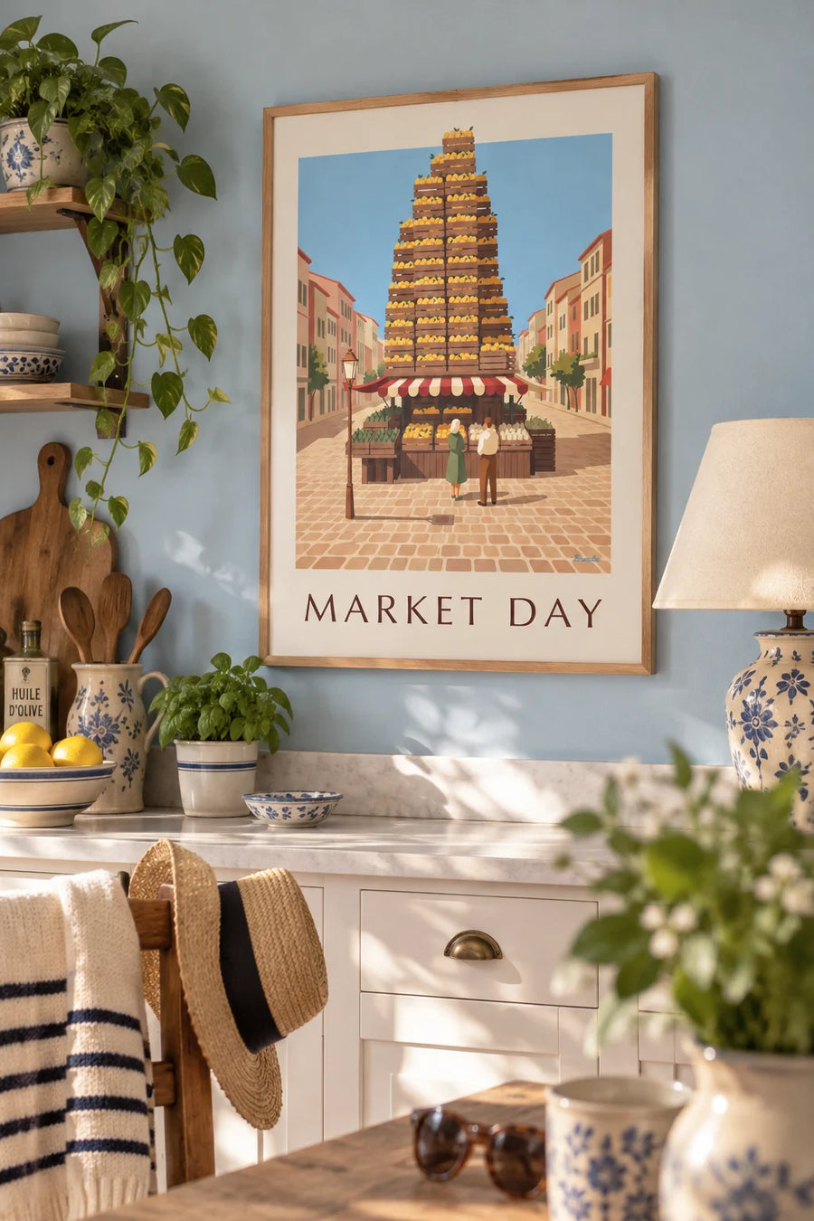 Poster of a crate of lemons on a market stall: framed on the wall