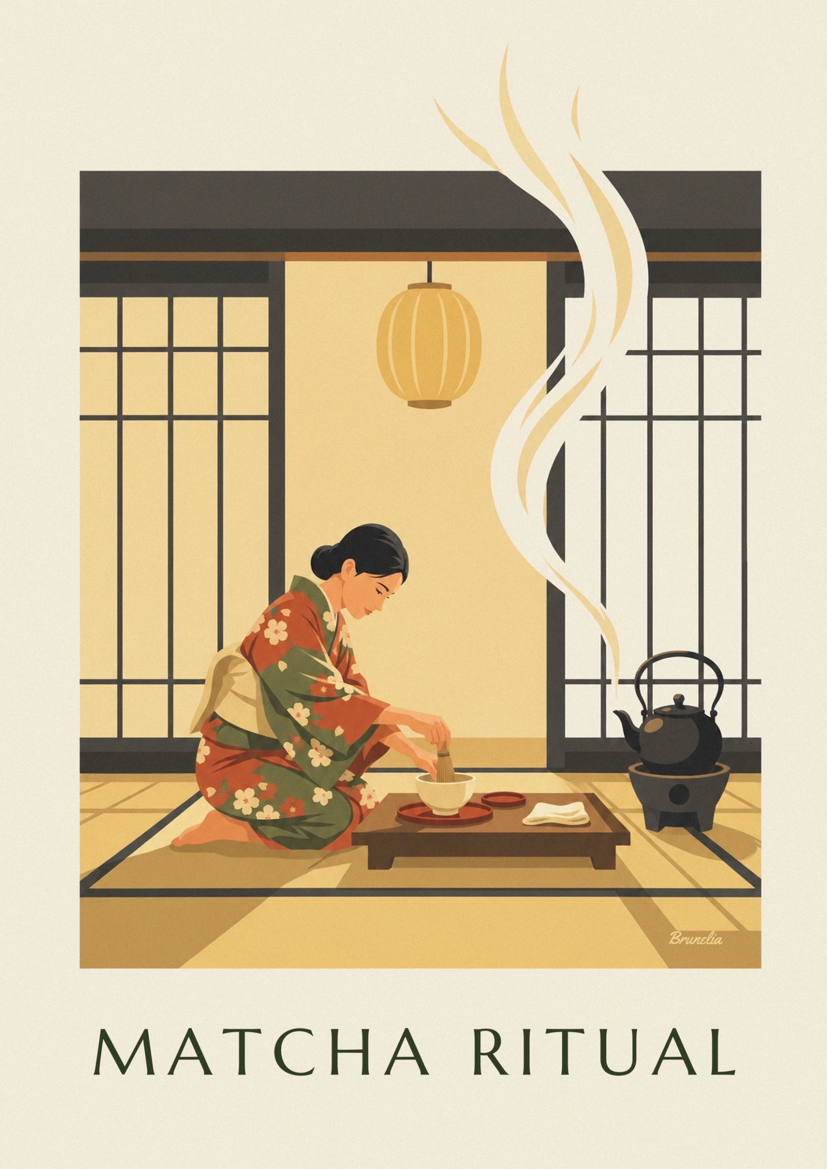 A woman in a red and green floral kimono whisking tea in a cream bowl