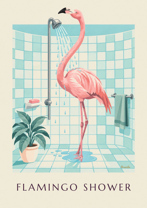 Affiche flamant rose sous la douche dans une salle de bain : l'affiche entière