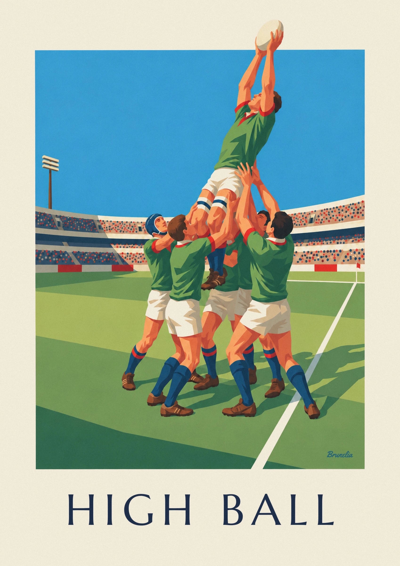 The jumper in a green jersey, arms reaching for the ball, lifted into the blue sky
