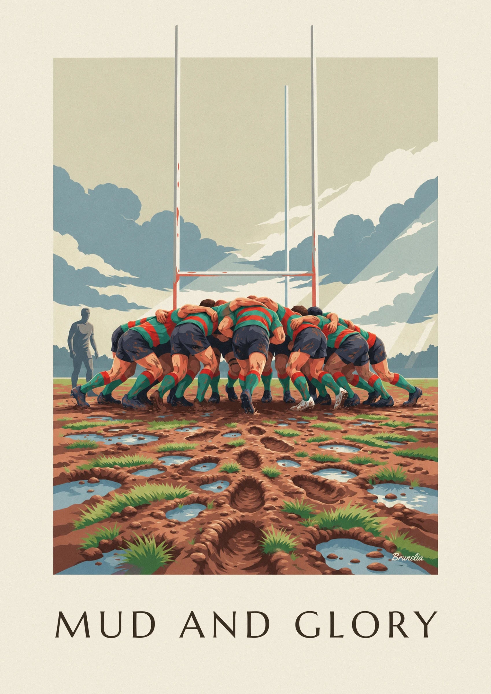 A scrum of players in green and red jerseys, boots in the mud, beneath the posts
