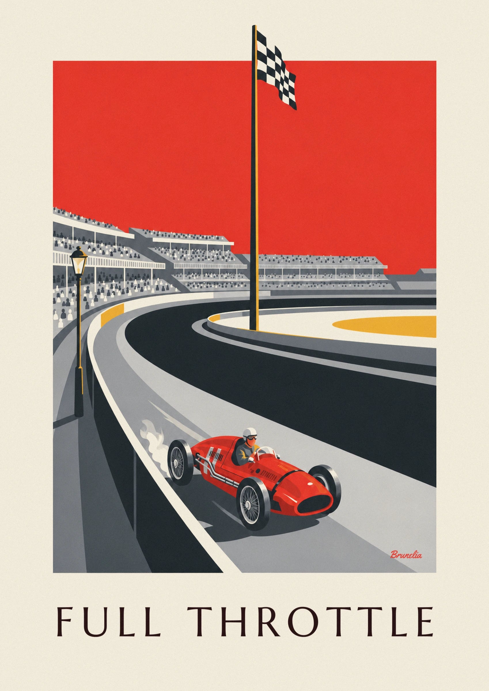 A red racing car with spoked wheels and its helmeted driver, speeding into the bend on the grey track