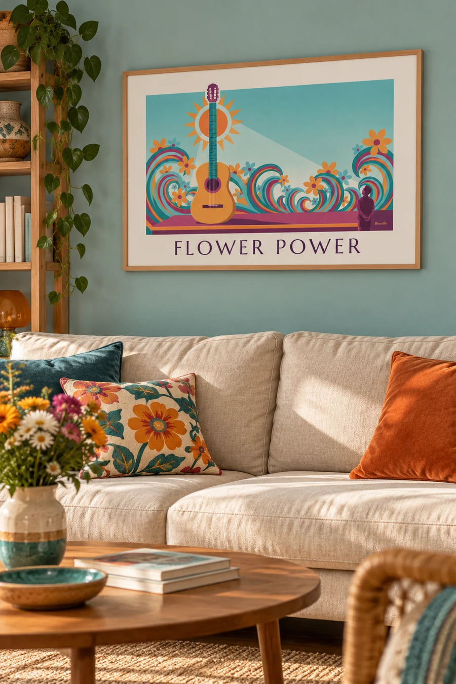 Plakát akustická kytara a psychedelické vlny Flower Power: zarámovaný na zdi