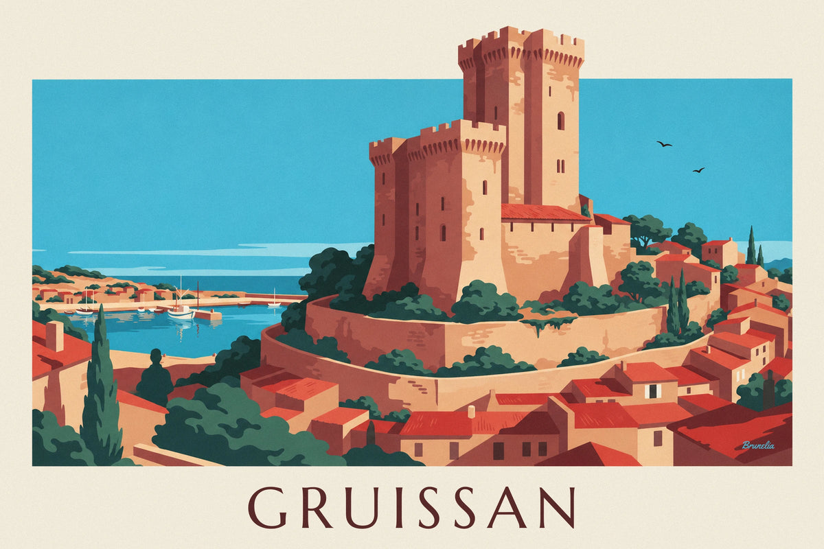 Affiche tour Barberousse de Gruissan au-dessus des toits et du port