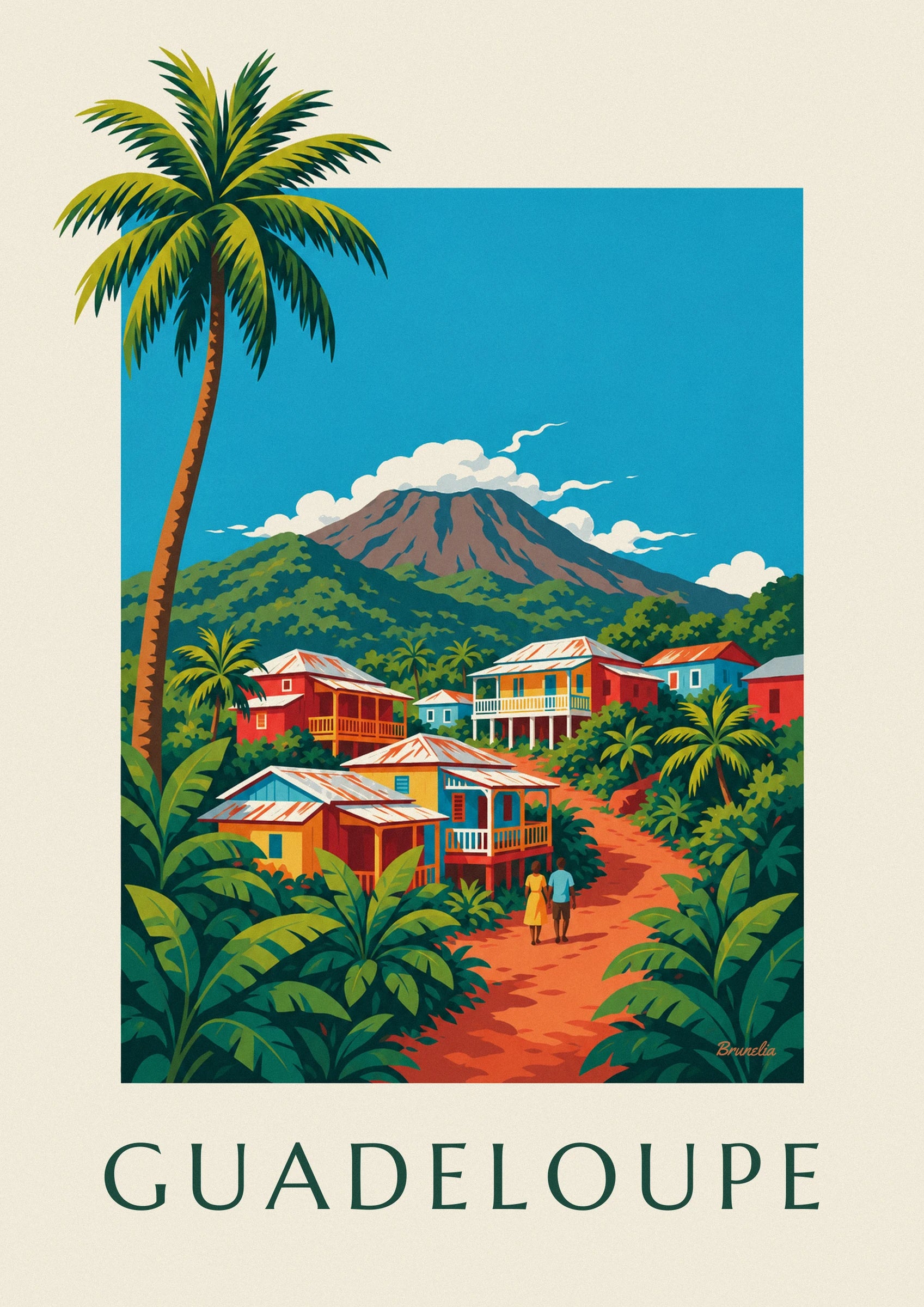 Affiche maisons créoles et volcan de la Soufrière en Guadeloupe: detailní záběr