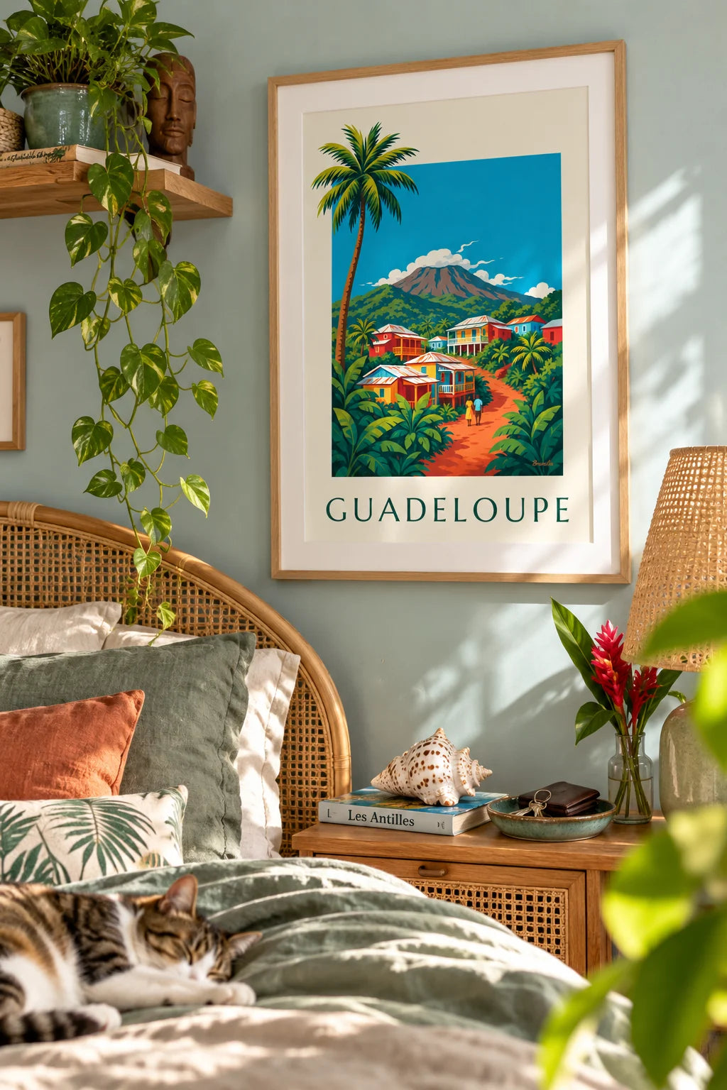Plakát kreolských domků a sopky La Soufrière na Guadeloupe: zarámovaný na zdi
