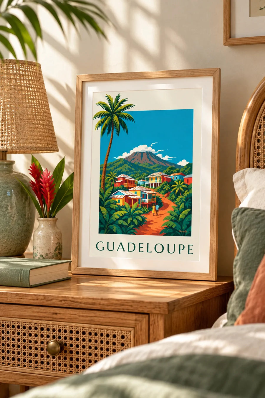 Plakát kreolských domů a sopky Soufrière na Guadeloupe, malý formát A4 v rámu