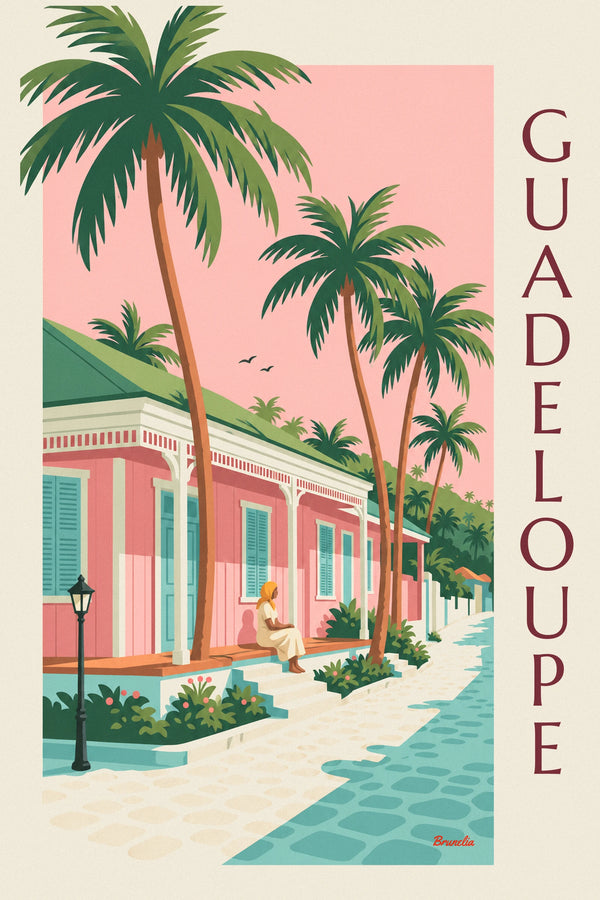 Plakát růžového kreolského domu pod kokosovými palmami na Guadeloupu