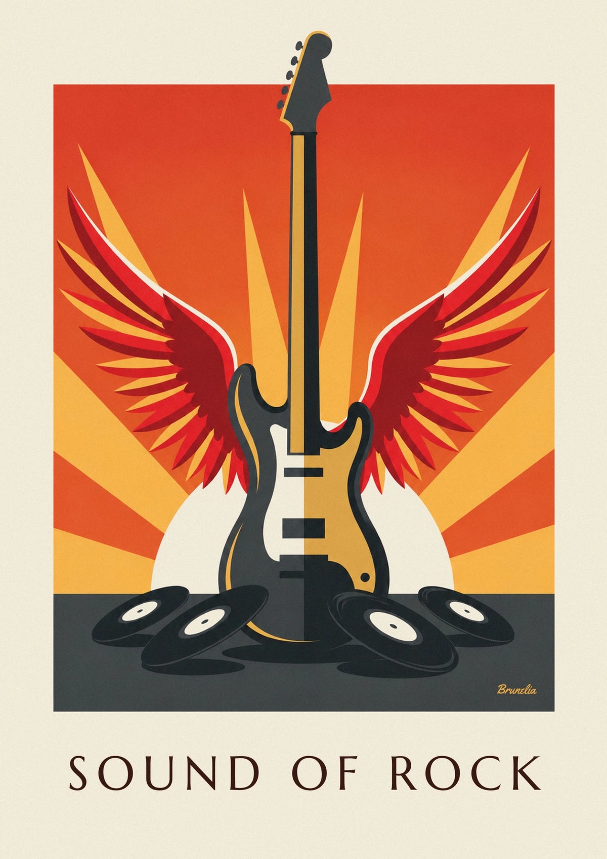 Winged electric guitar and vinyl records poster