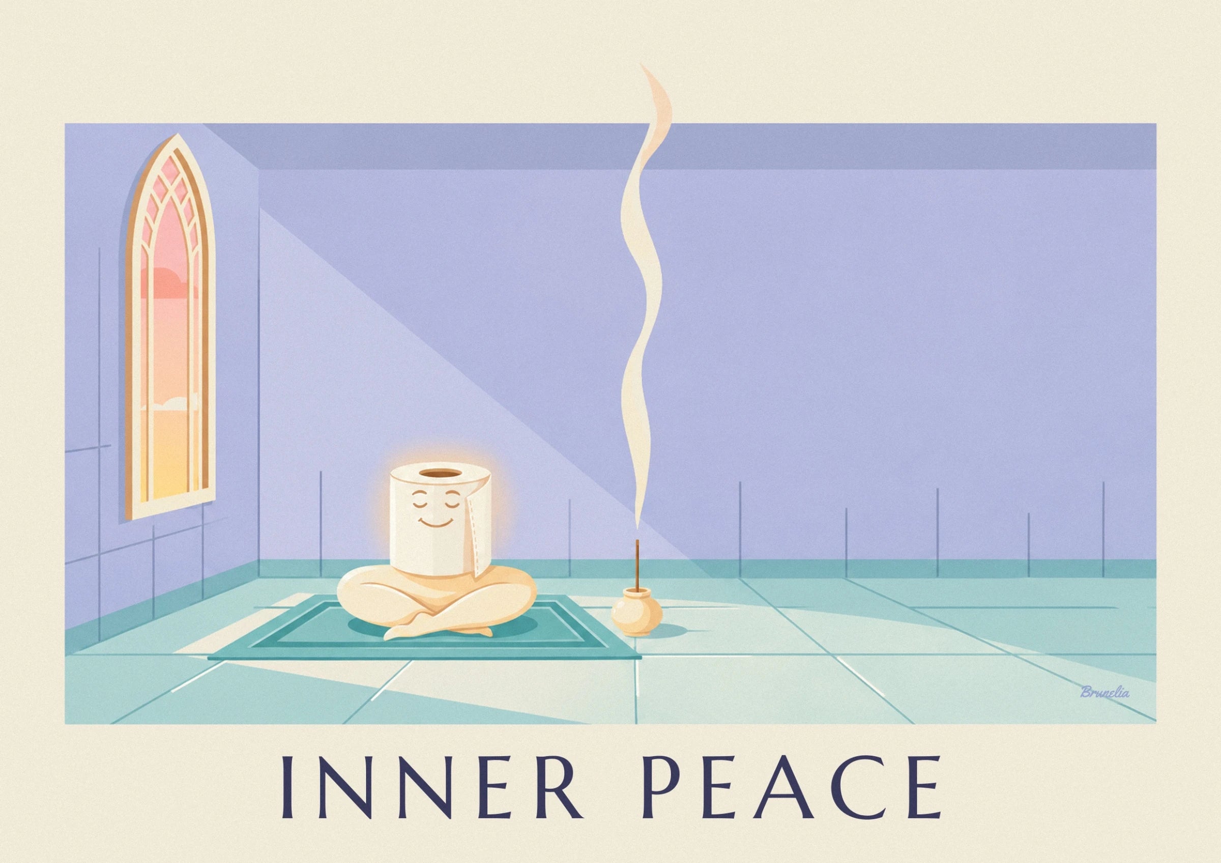 The smiling toilet roll sitting in the lotus position on a turquoise mat