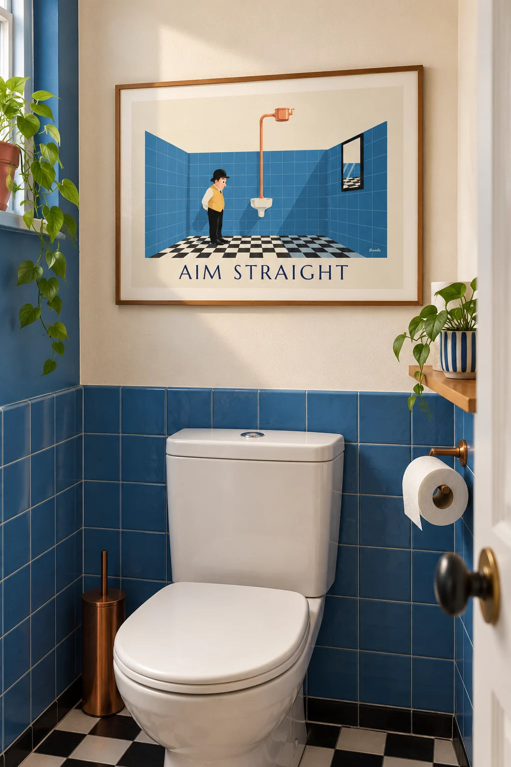 WC: Plakát WC humor, pán v buřince před pisoárem v interiéru