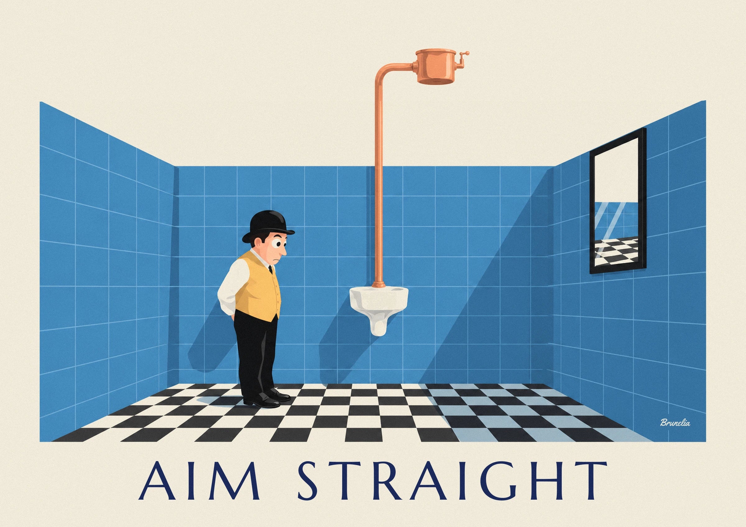The gentleman in a bowler hat, yellow waistcoat and black trousers in the toilets