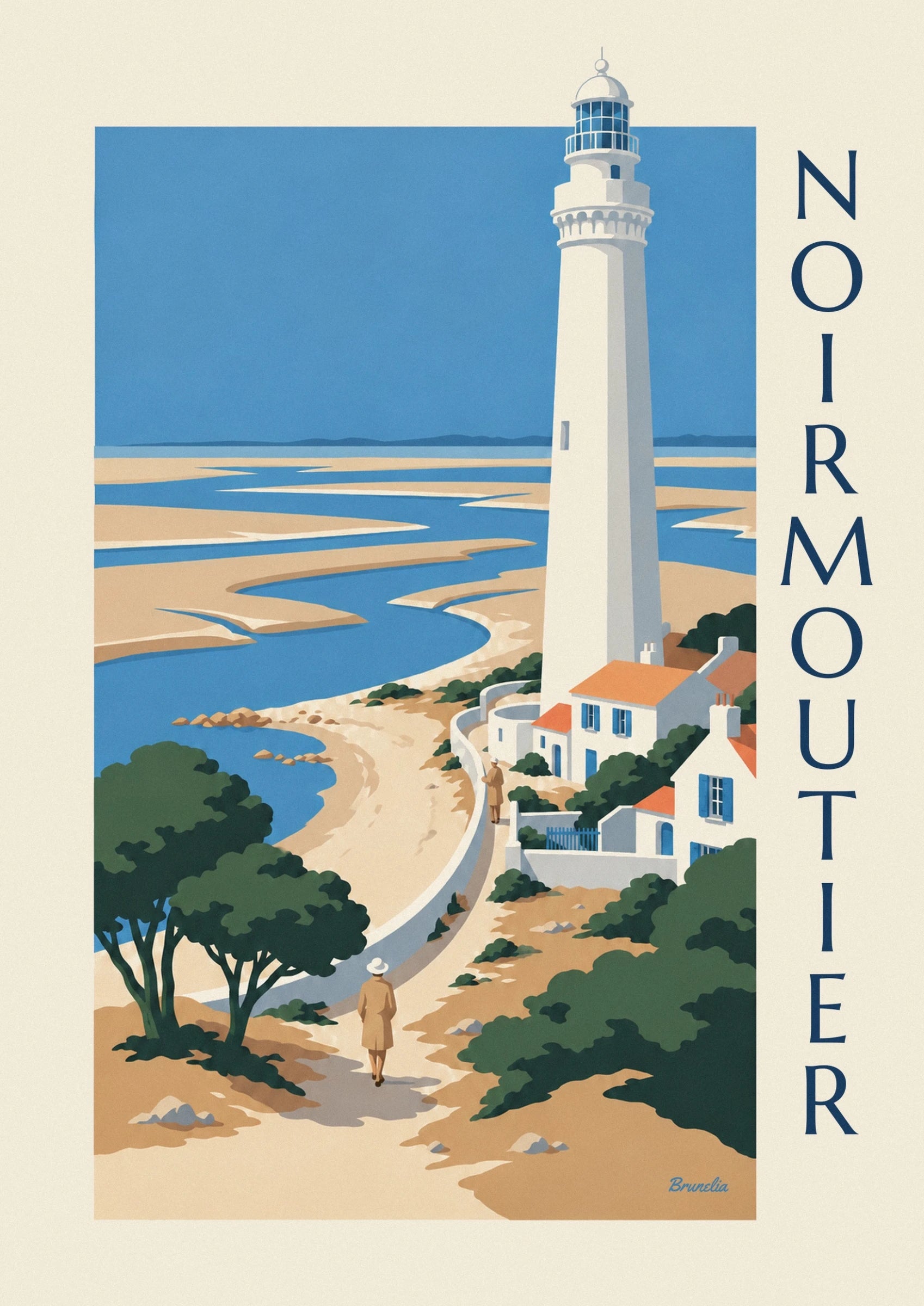 The white lighthouse of Noirmoutier, its glass lantern and railings against a blue background