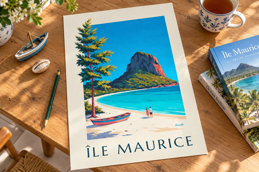 Plakát hora Le Morne Brabant a laguna na Mauriciu: položený na stole