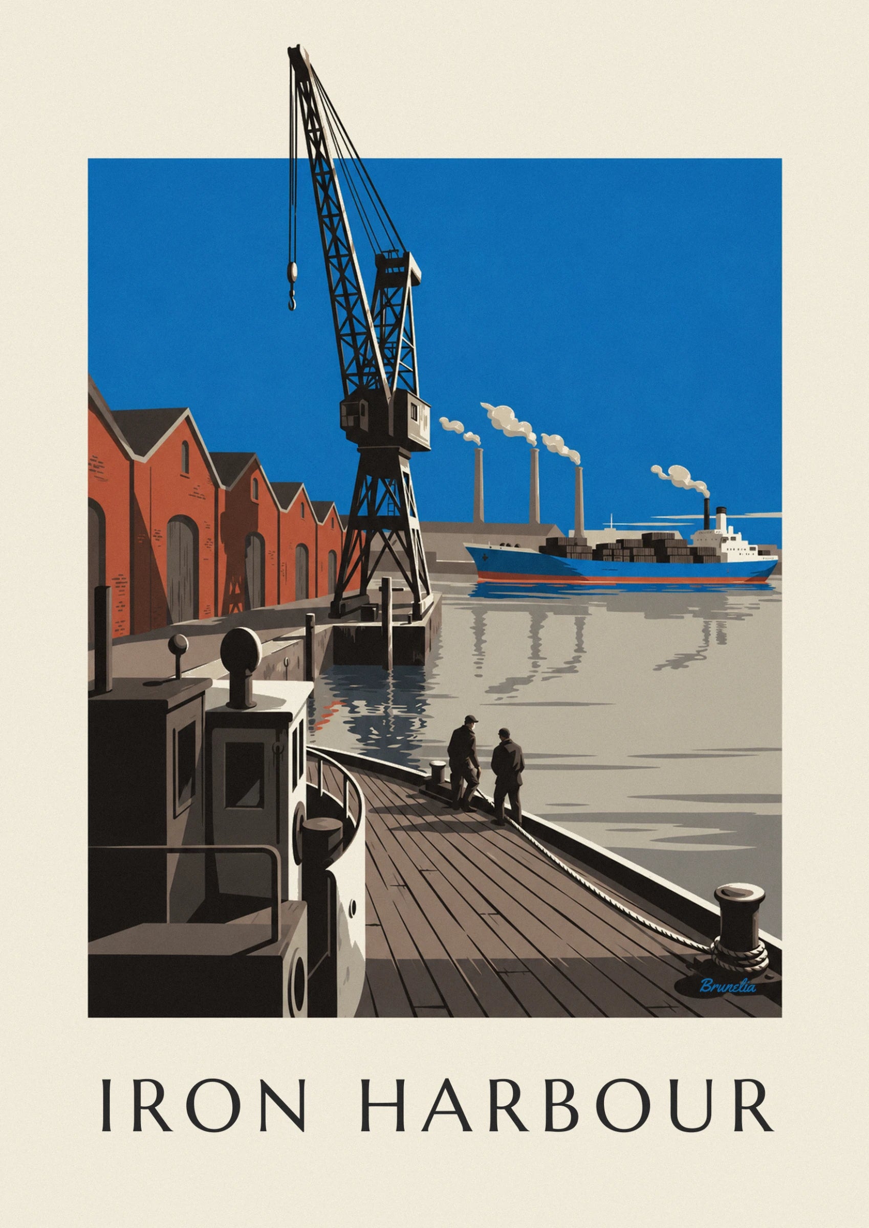 The black crane facing the red brick warehouses, with smoking chimneys in the background