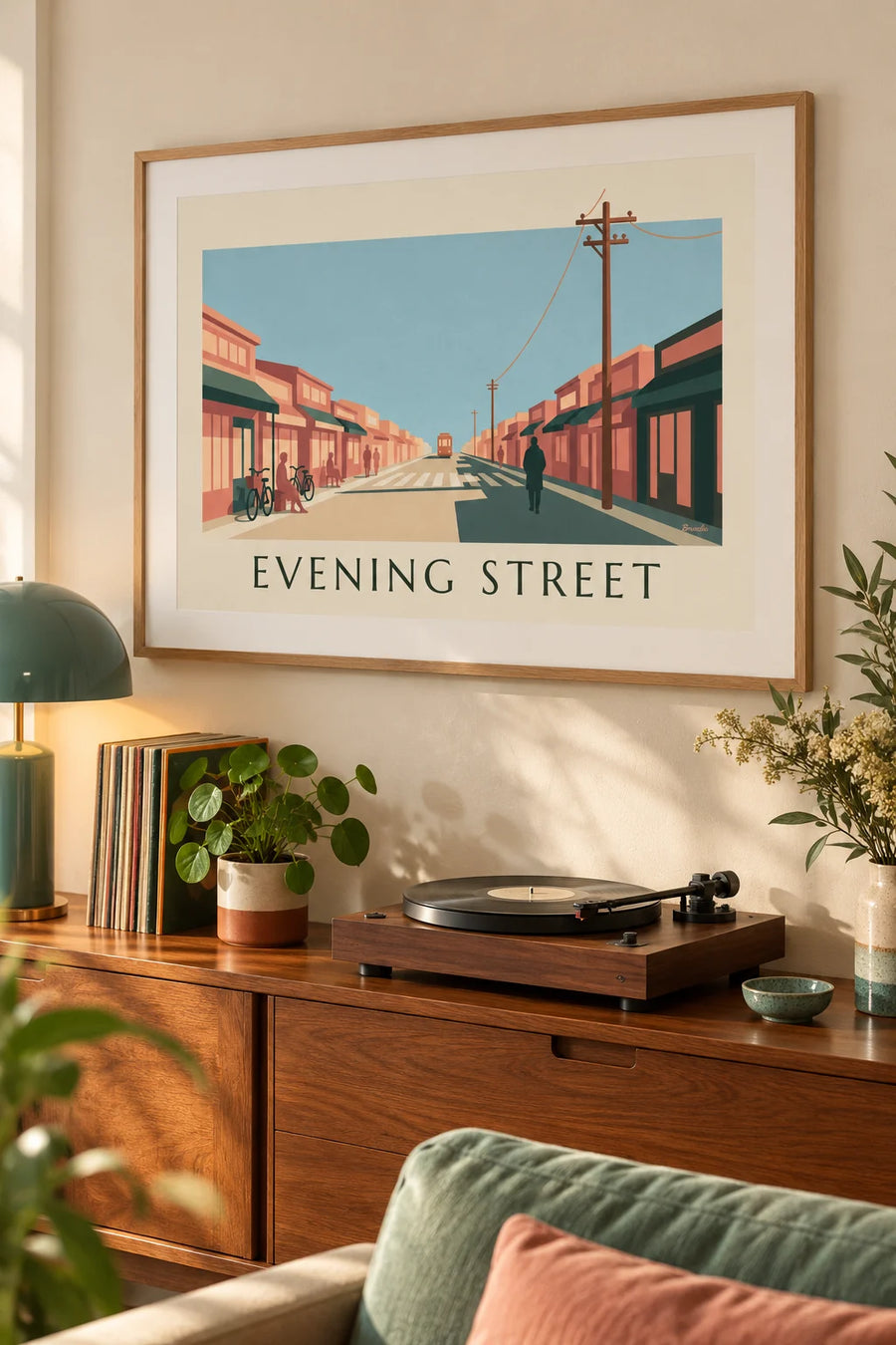 Affiche rue commerçante japonaise au coucher du soleil : encadrée au mur