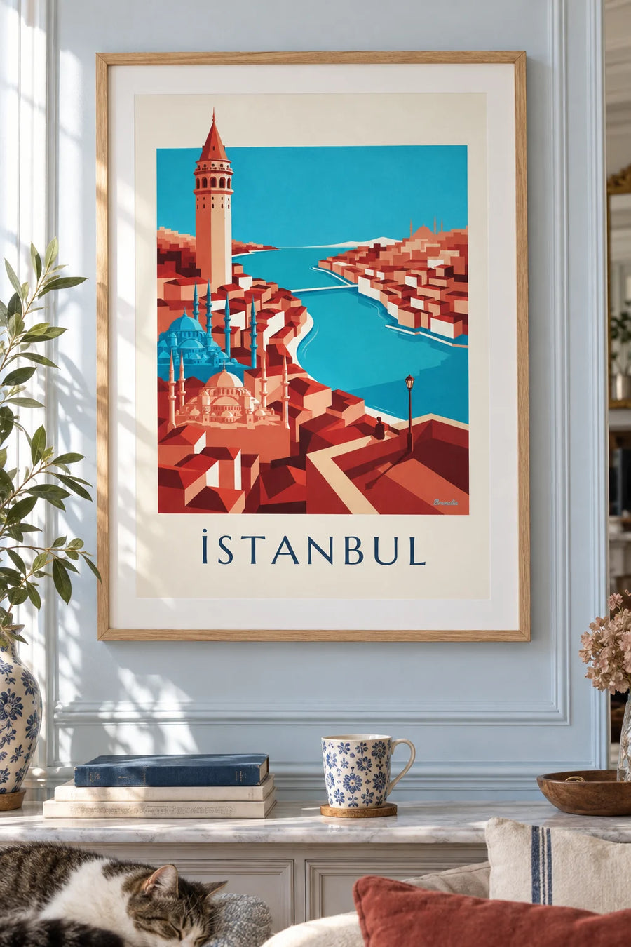 Poster of a geometric map of the city of Istanbul and its landmarks: framed on the wall