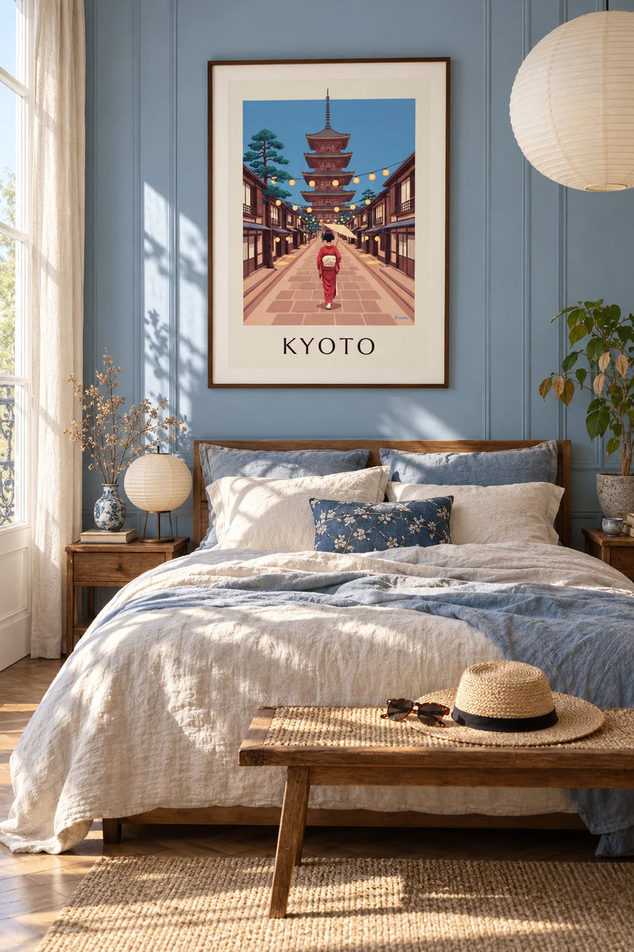 Poster of a geisha with a parasol near the Yasaka Pagoda in Kyoto: framed on the wall