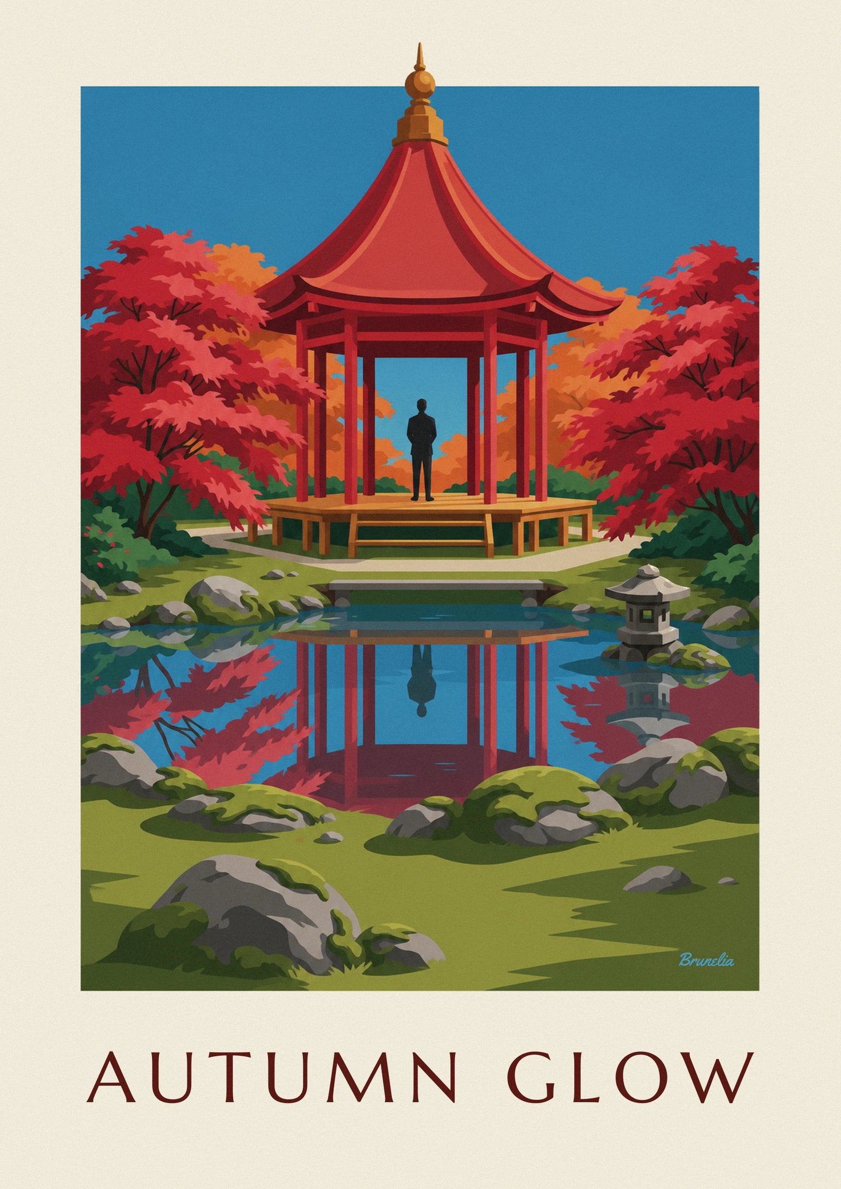 Un personnage sous le pavillon rouge, entouré d’érables aux couleurs d’automne