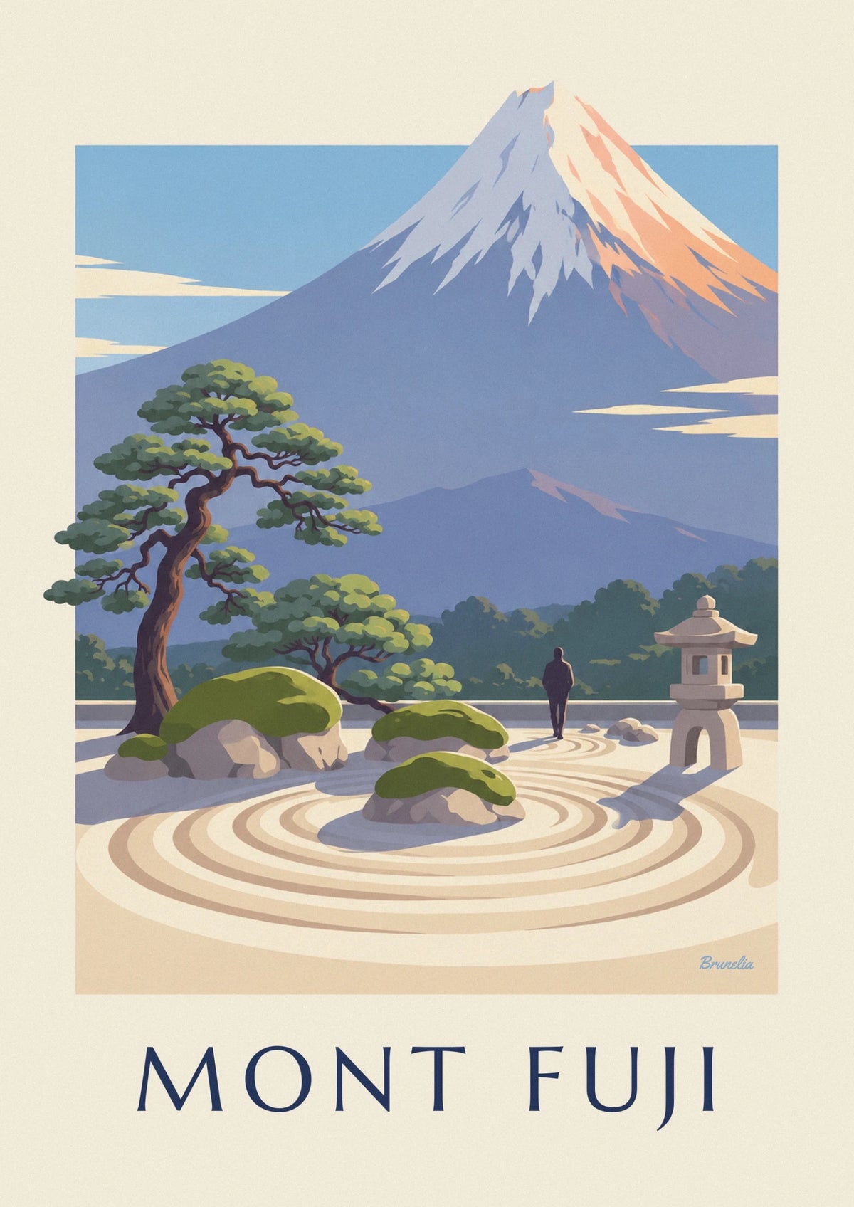Japanese zen garden facing Mount Fuji poster