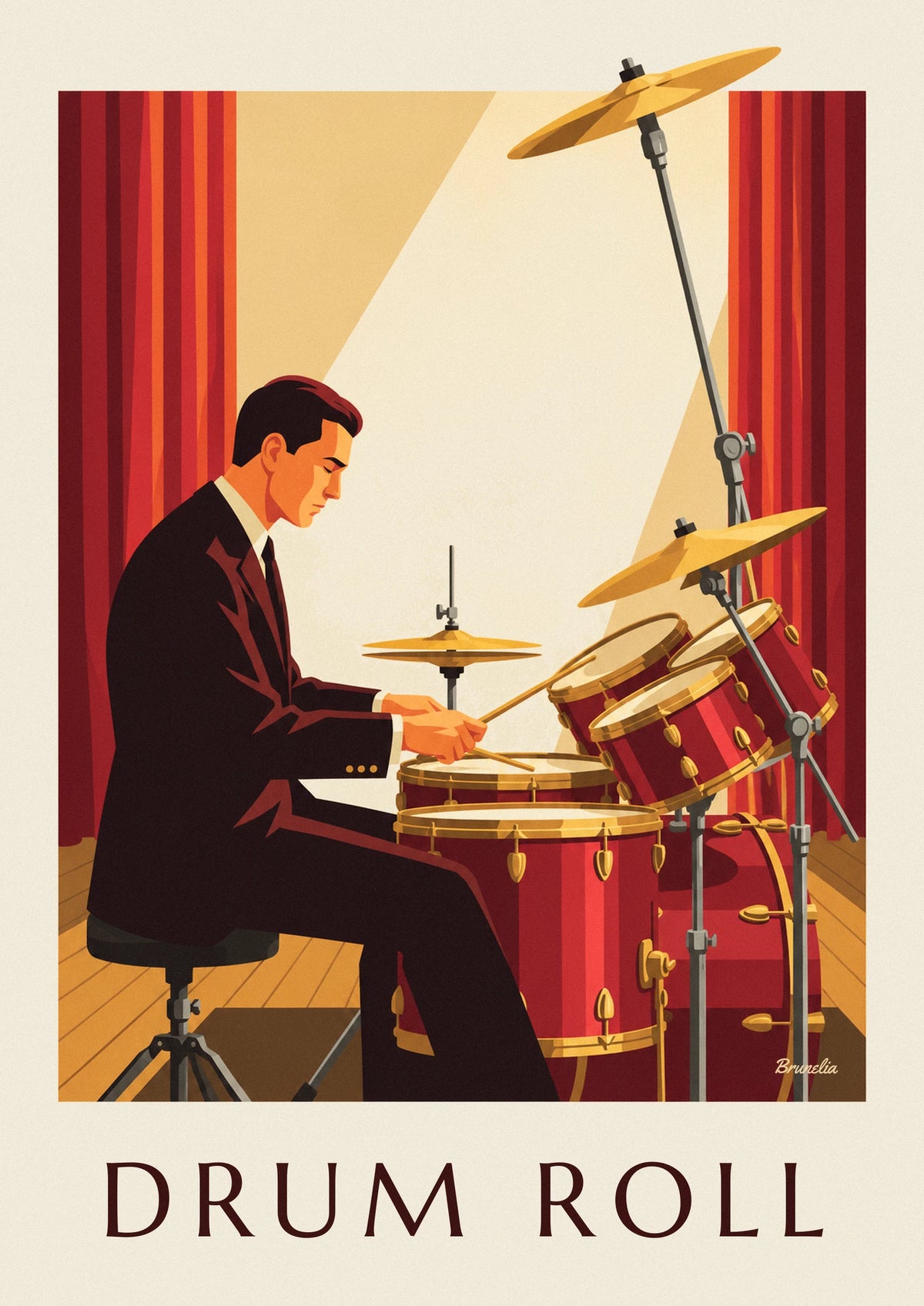 Jazz drummer in a suit behind a red drum kit poster