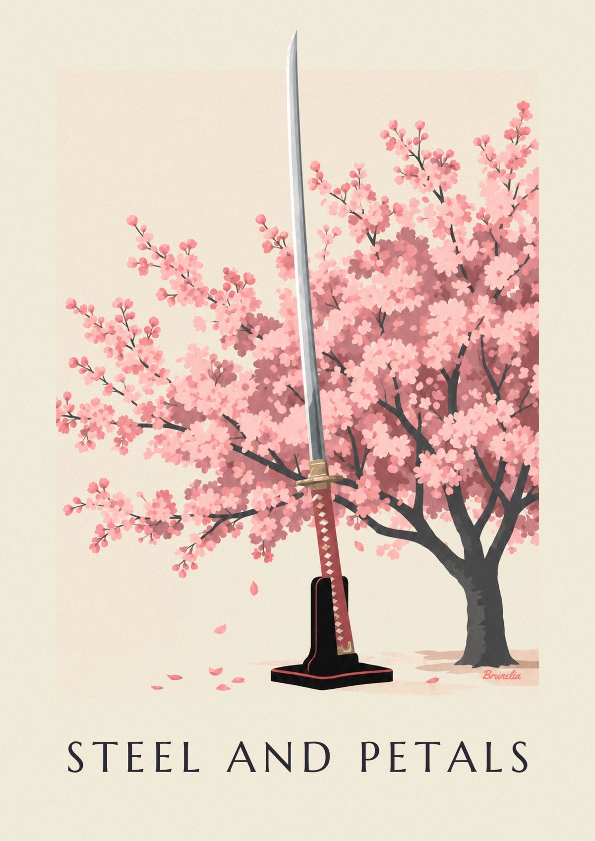Katana sword and Japanese cherry blossoms poster