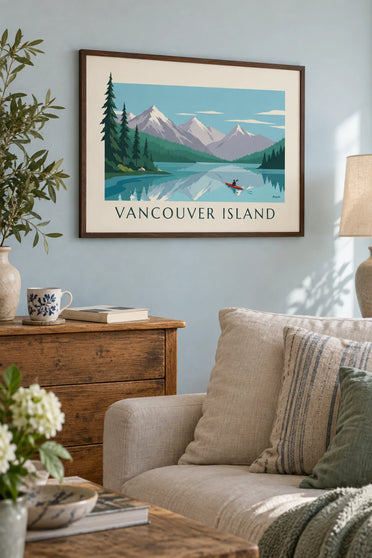 Kayak poster on a lake on Vancouver Island: framed on the wall