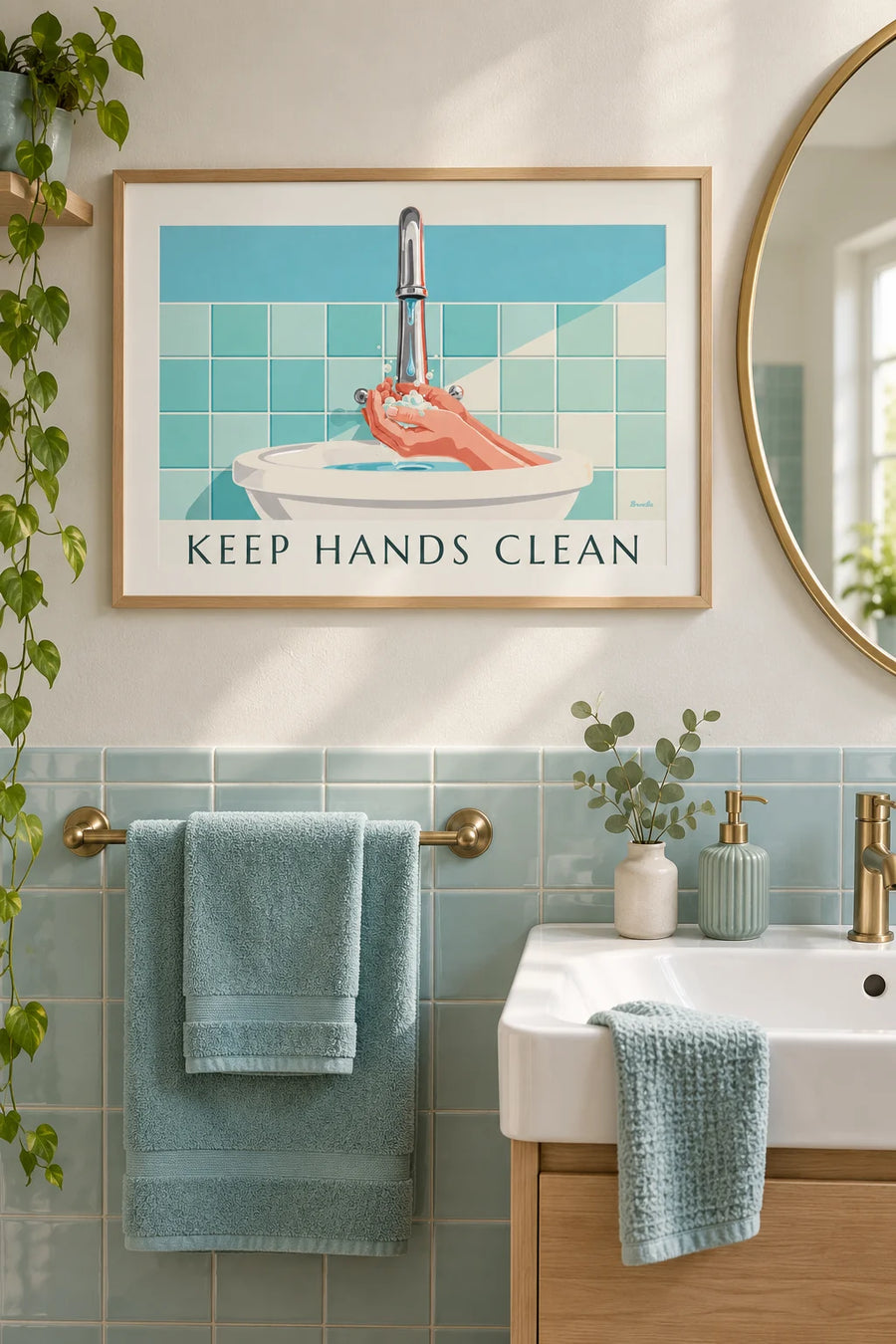Plakát Keep hands clean o mytí rukou: zarámovaný na zdi