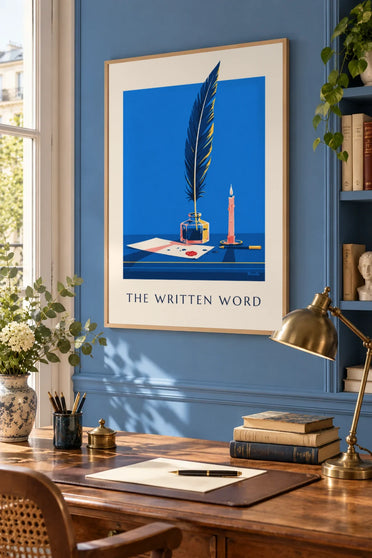 Affiche plume et encrier sur un bureau d'écriture : encadrée au mur