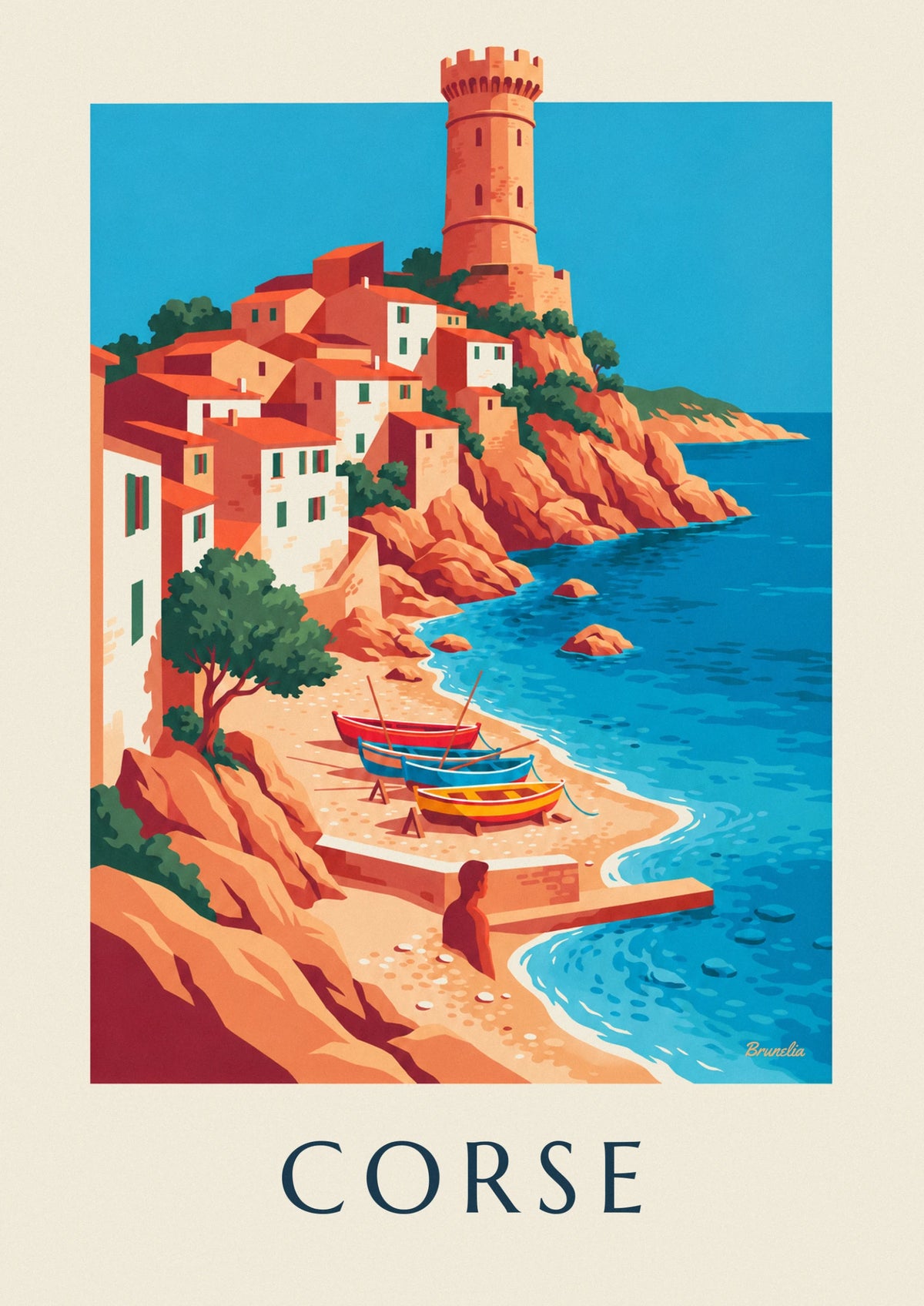 Coastal village, Genoese tower and boats in Corsica poster