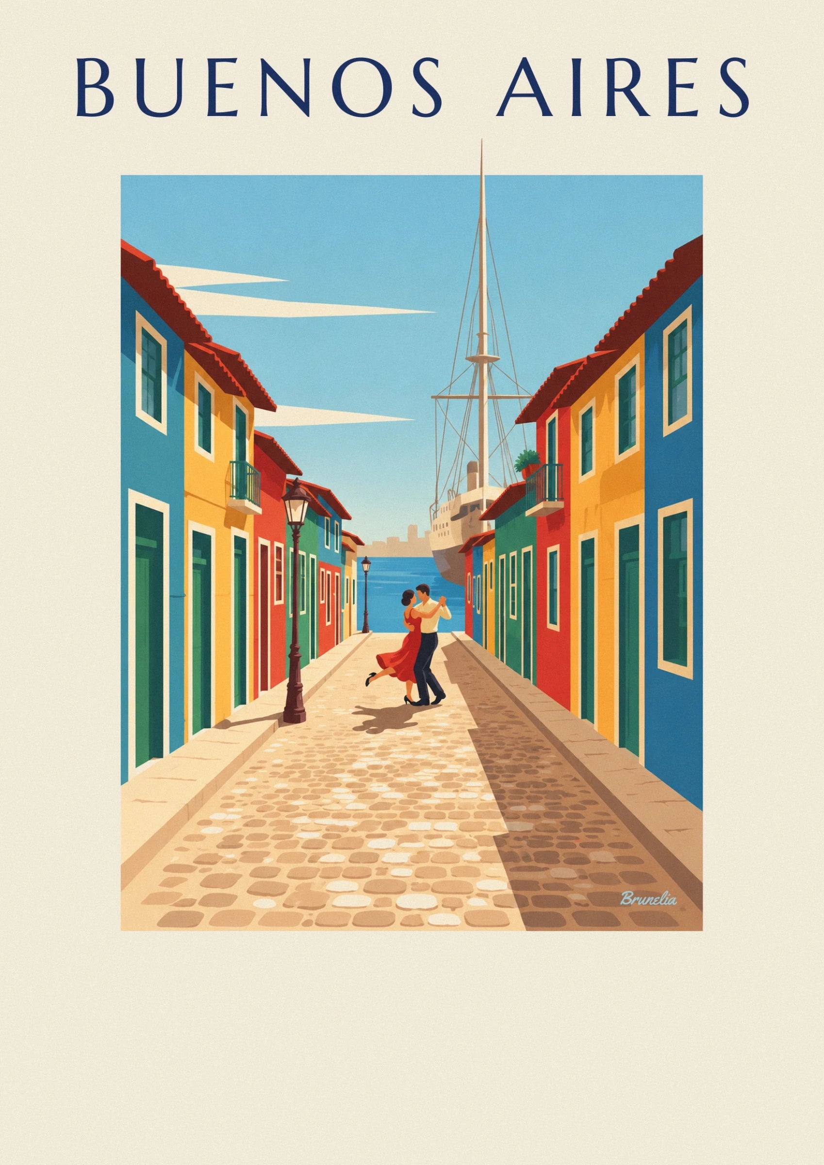 Un couple de tango, robe rouge et chemise claire, dans une rue colorée de La Boca