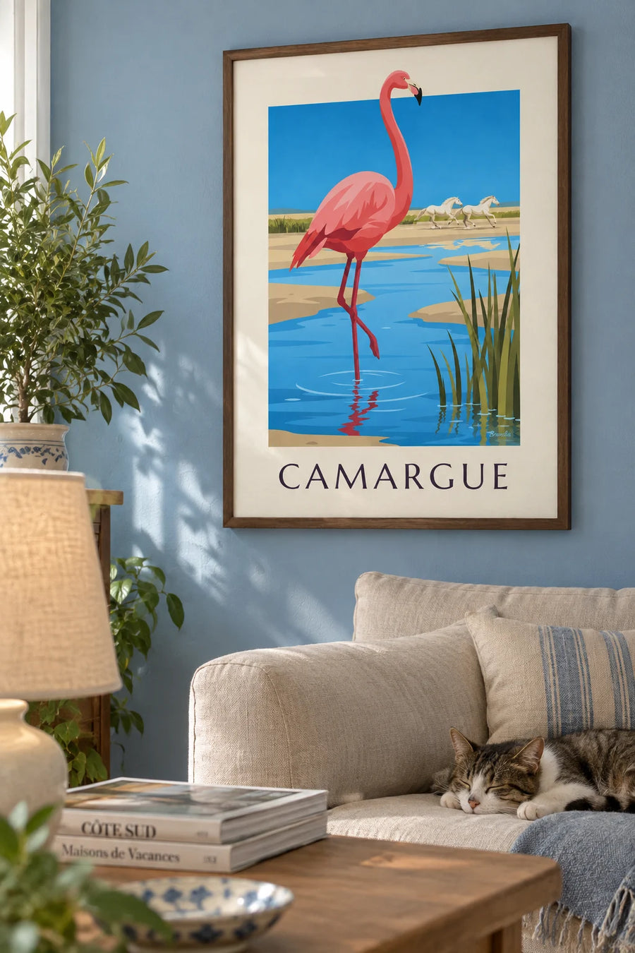 Affiche flamant rose et chevaux sauvages de Camargue : encadrée au mur