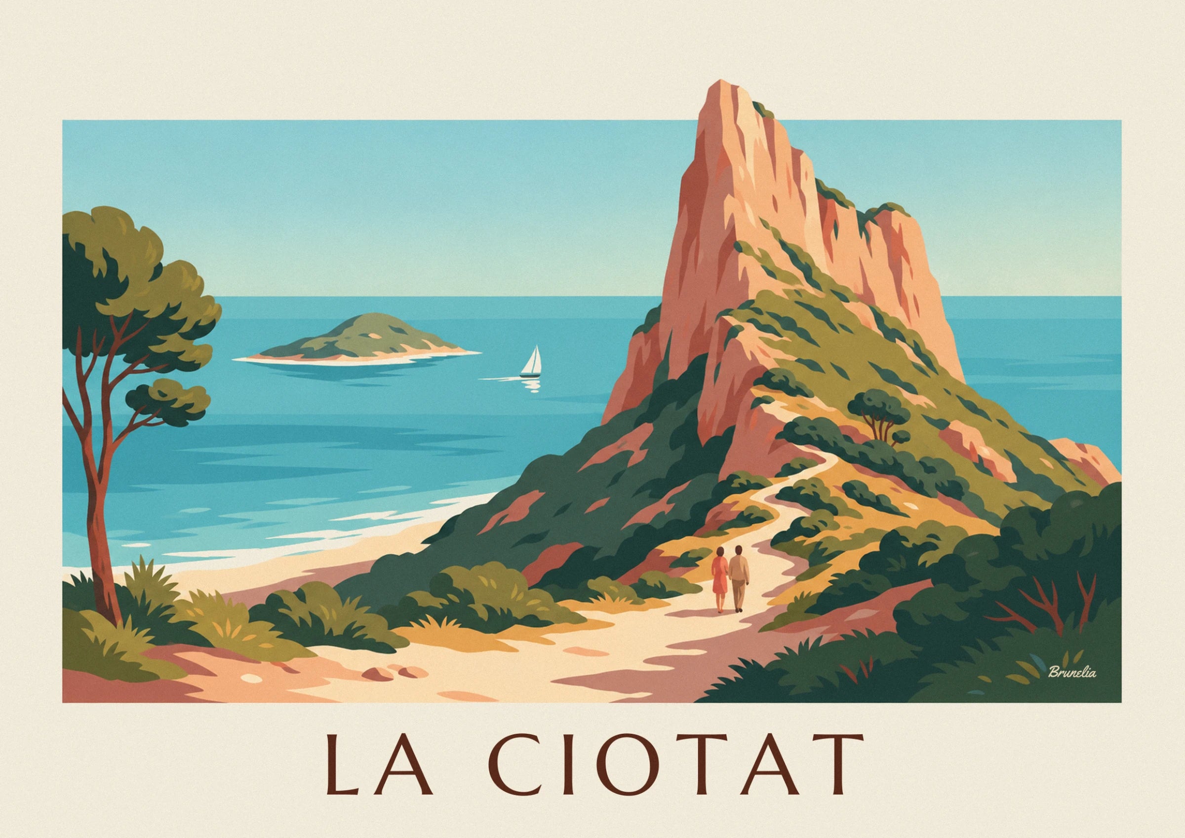 La falaise rose du Bec de l'Aigle et son sentier sinueux dans les pins