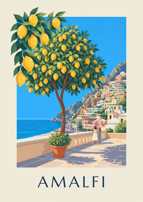 Affiche citrons et village de la côte amalfitaine