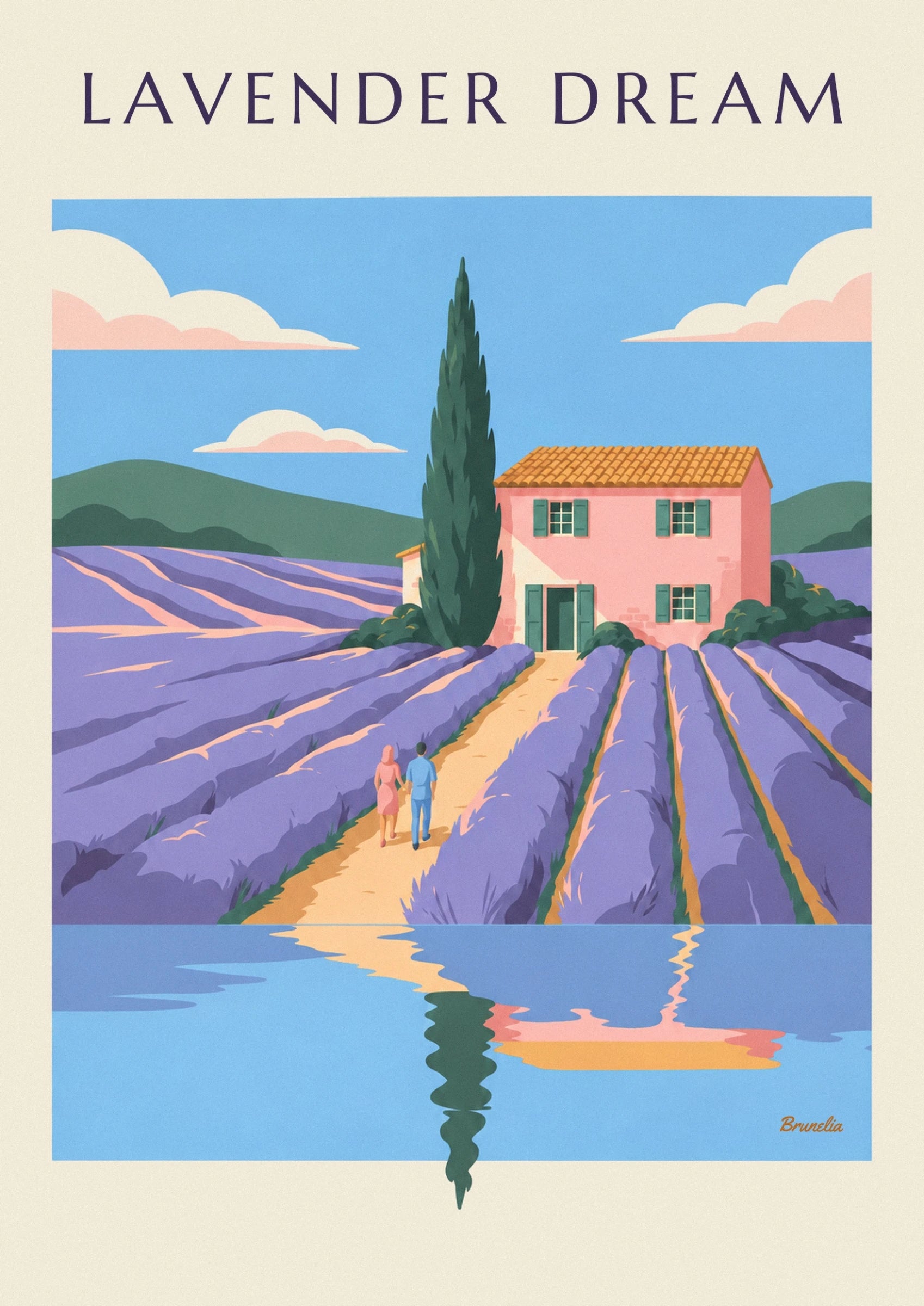 La maison rose aux volets verts et au toit de tuiles, bordée de lavande