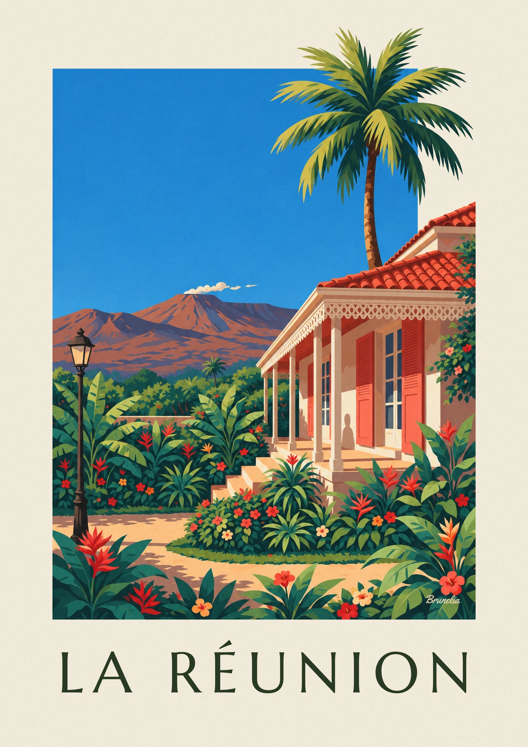 Affiche case créole et Piton de la Fournaise à La Réunion: detailní záběr