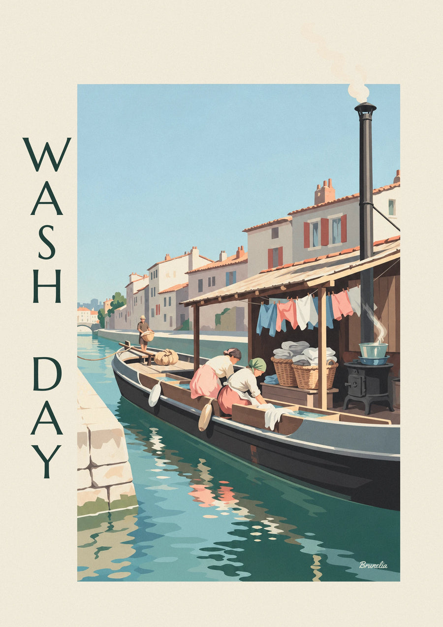 Plakát lodní prádelna přistavená u nábřeží, košile pod markýzou