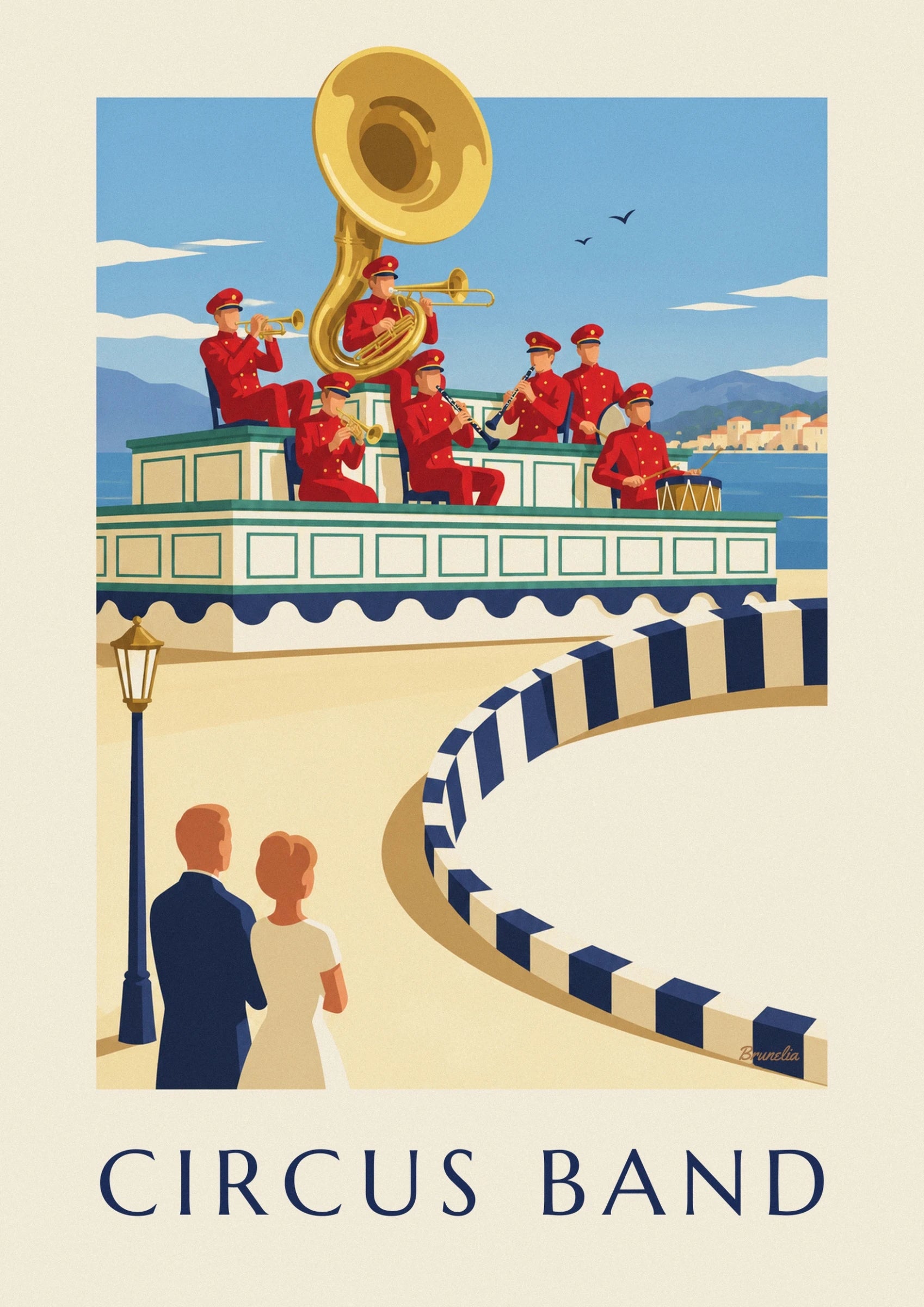 Circus band playing on its decorated stand poster: close-up detail