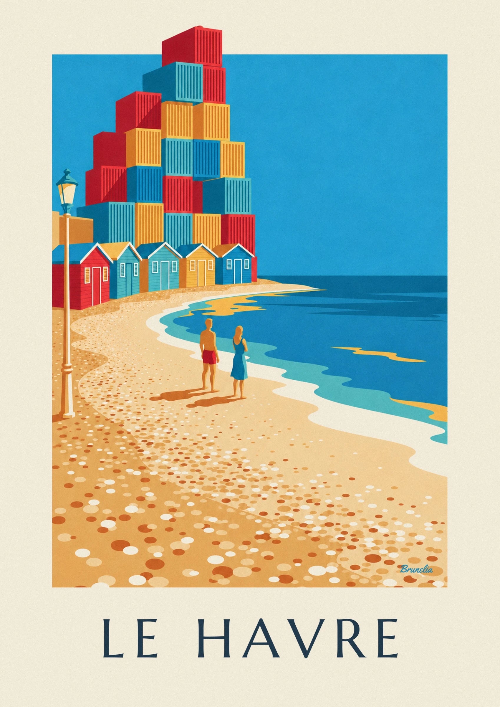 L'arche de conteneurs rouges, bleus et jaunes au-dessus des cabines de plage