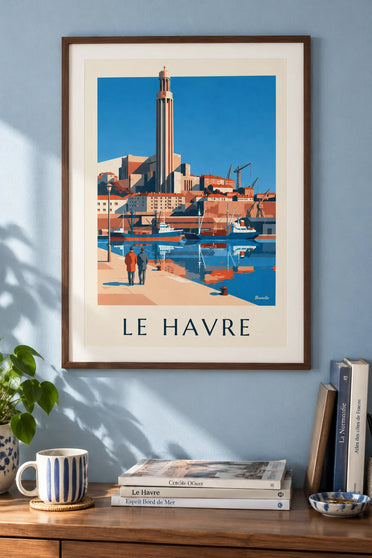 Poster of Saint-Joseph church and the port of Le Havre: framed on the wall