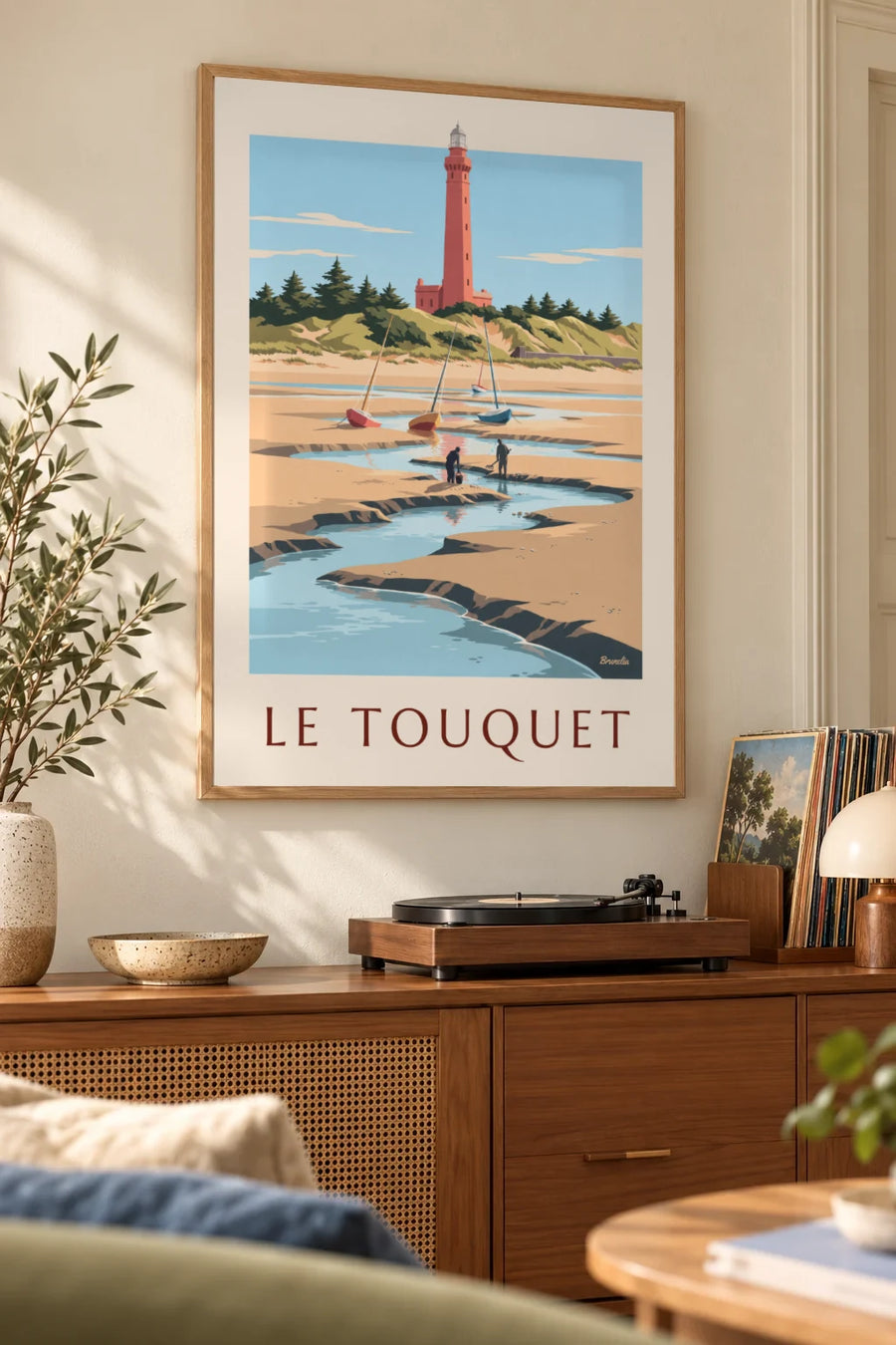 Plakát maják v Le Touquet a rybáři při odlivu v zátoce Canche: zarámovaný na zdi