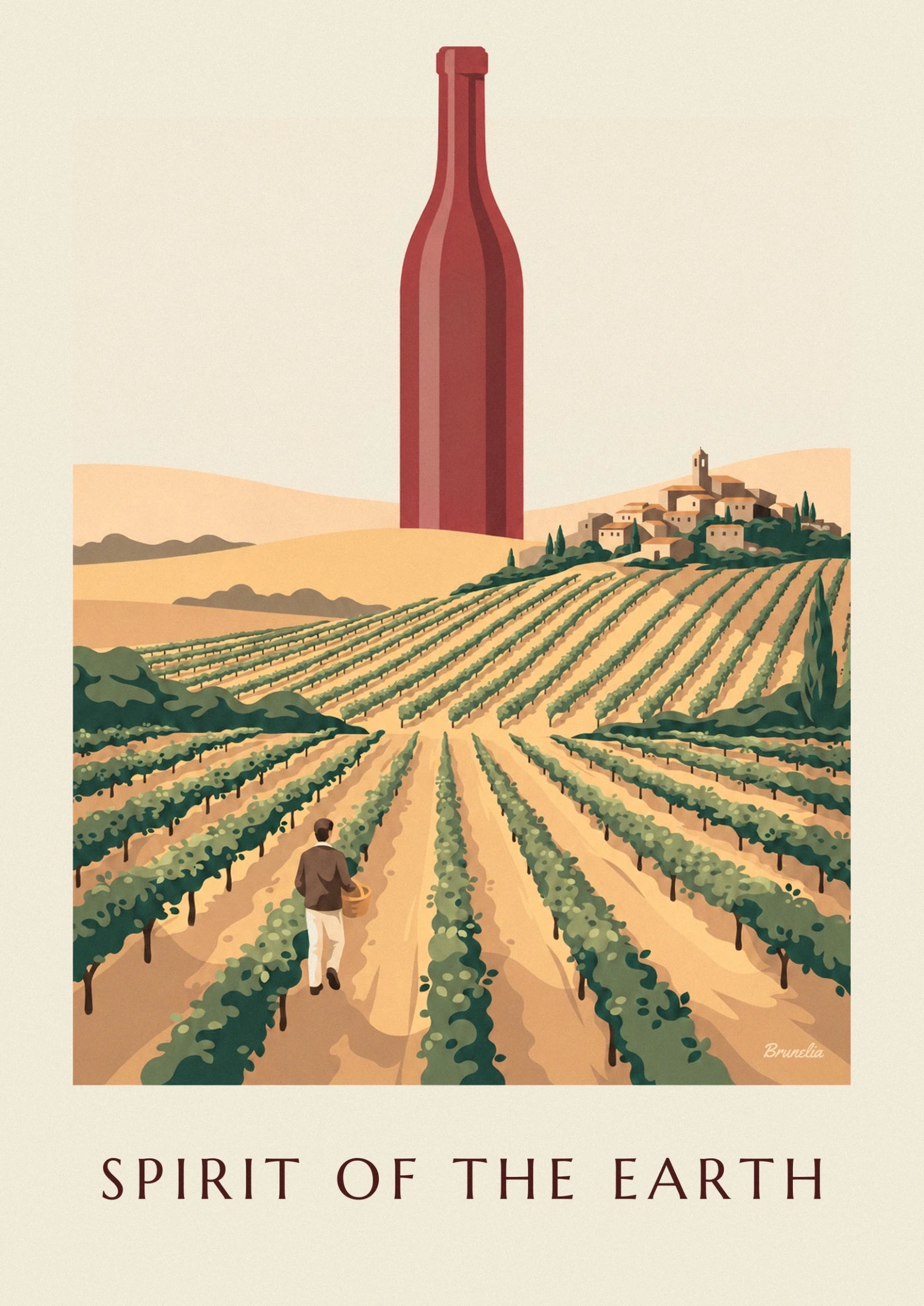 An enormous red bottle towering over golden hills and village houses