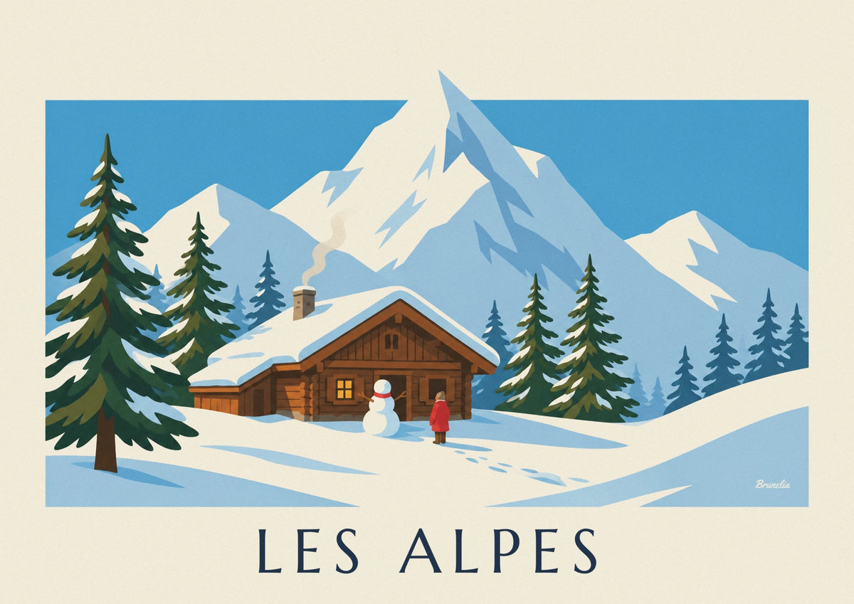 Snowy Alpine chalet and snowman poster