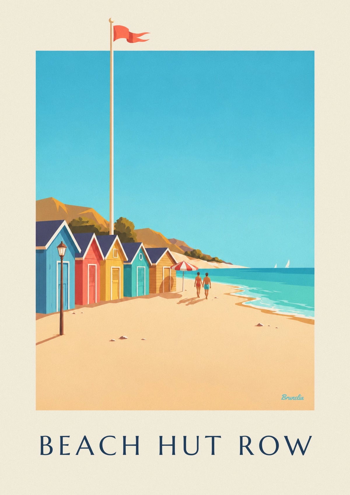 Affiche rangée de cabanes de plage colorées au bord de la mer