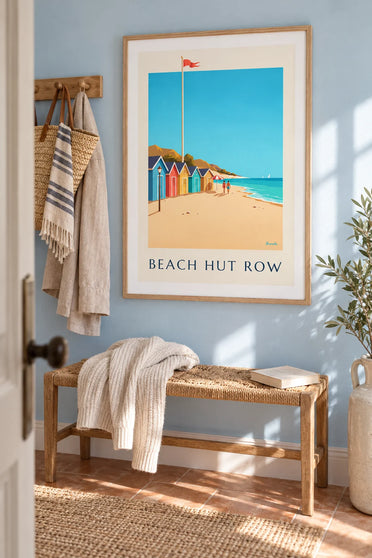 Poster of a row of colorful beach huts by the sea: framed on the wall