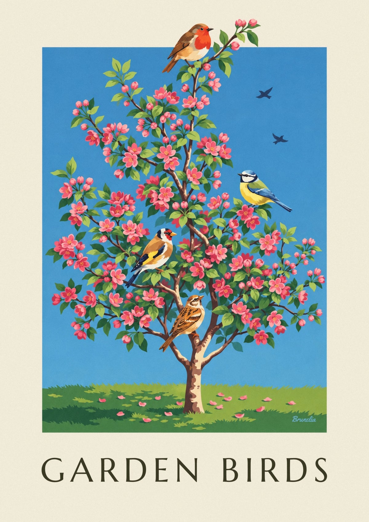 Garden birds on a blossoming apple tree poster