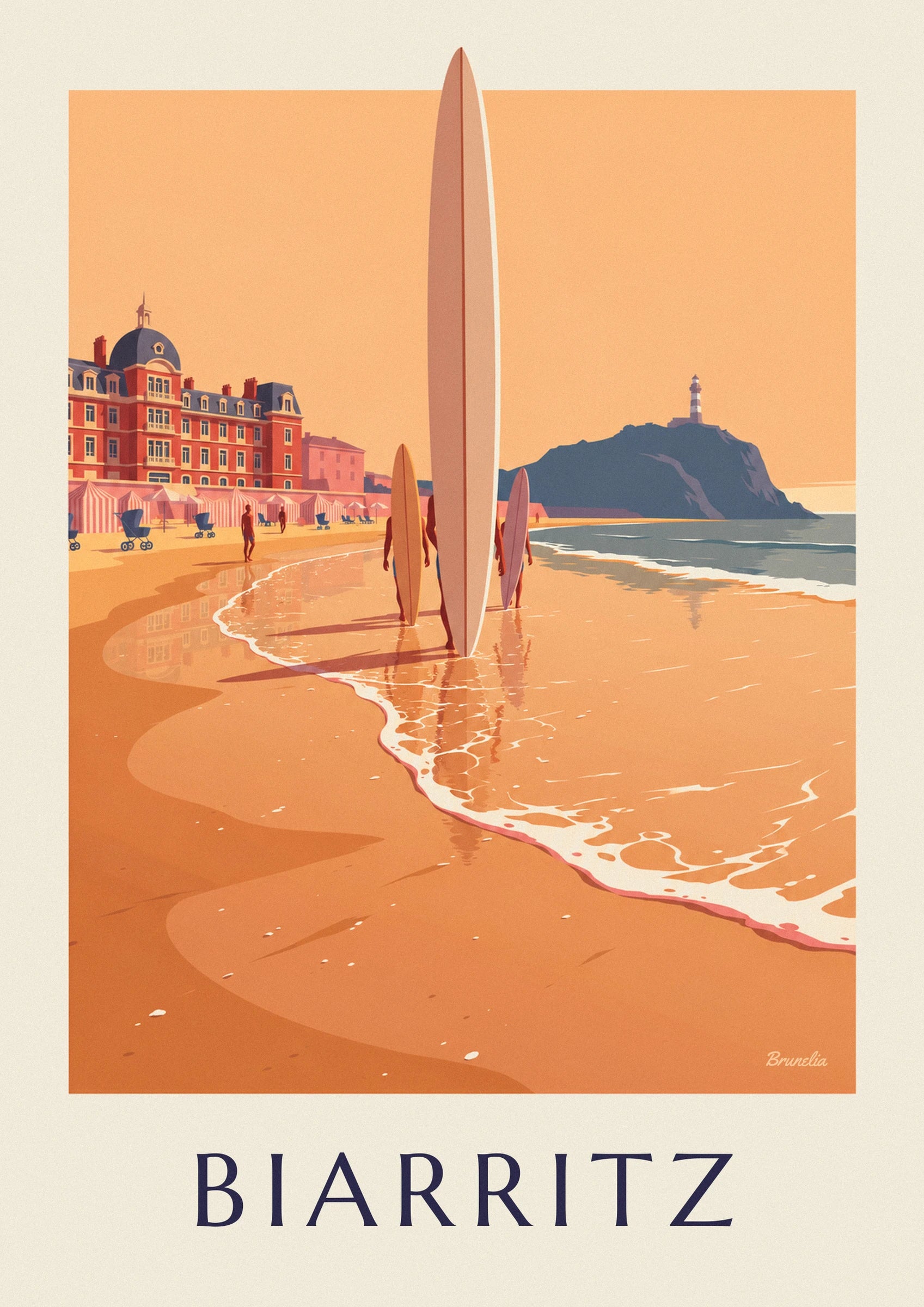Surfers seen from behind in shallow water, with yellow and pink boards held upright and the beach at Biarritz in the background